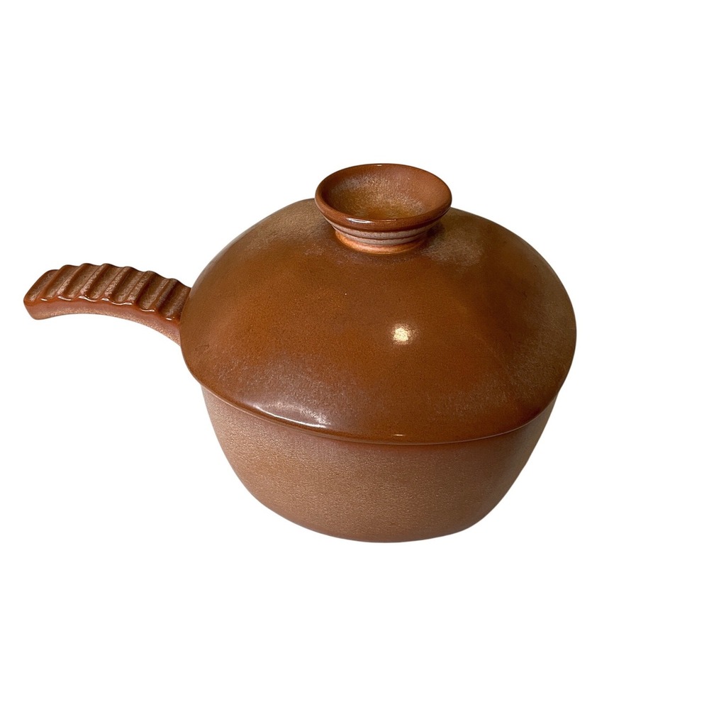 Vintage Frankoma 5FD Pottery Plainsman Gold Handled Covered Fondue Pot & Lid MCM
